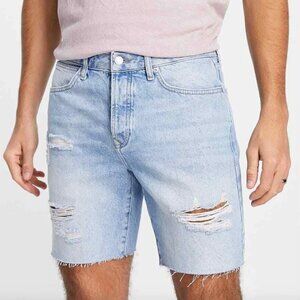 Topman Slim Denim Shorts Bleach-Blue Distressed